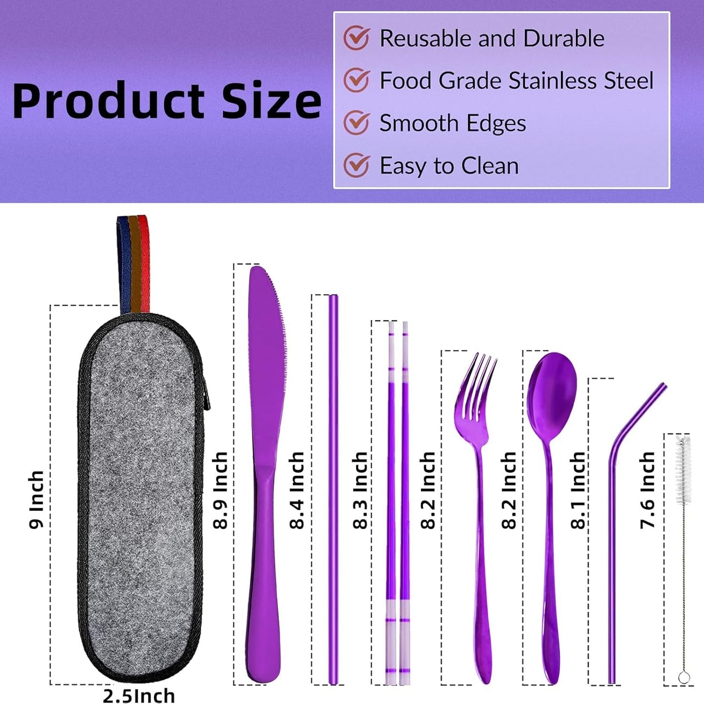 Flatware Set - Travel Camping Cutlery Set - 304 Stainless Steel Portable Utensils Including Case for Lunch School Camping Office (Straw+Straight Straw+Knife+Fork+Spoon+Chopsticks+Cleaning Brush)Purple