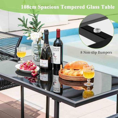 Costway 3 Pieces Outdoor Dining Set, Patio PE Rattan Furniture Set w/Folding Backrest, Cozy Seat Cushions, Tempered Glass Tabletop, Space-Saving Rattan Chair Table Set for Backyard, Poolside