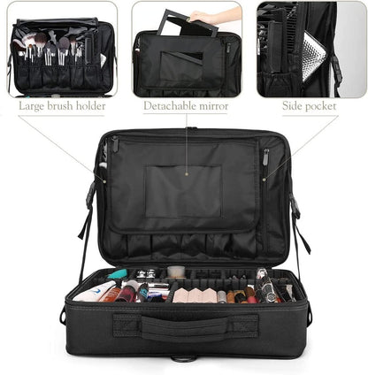 Luxspire Travel Makeup Bag Cosmetic Case, 3 Layer Large Professional Makeup Travel Train Case, Large Portable Makeup Brush Holder Organizer Artist Storage Bag with Shoulder Strap Mirror, Black