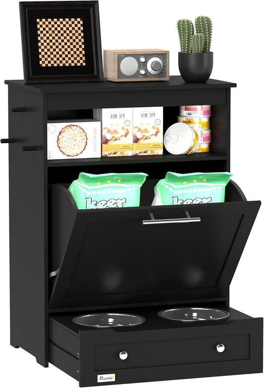 PawHut Cat Dog Feeding Station, Dog Food Storage Cabinet, Pet Feeder Container with Raised Bowls and Hanger for Feeding & Watering Supplies, Black