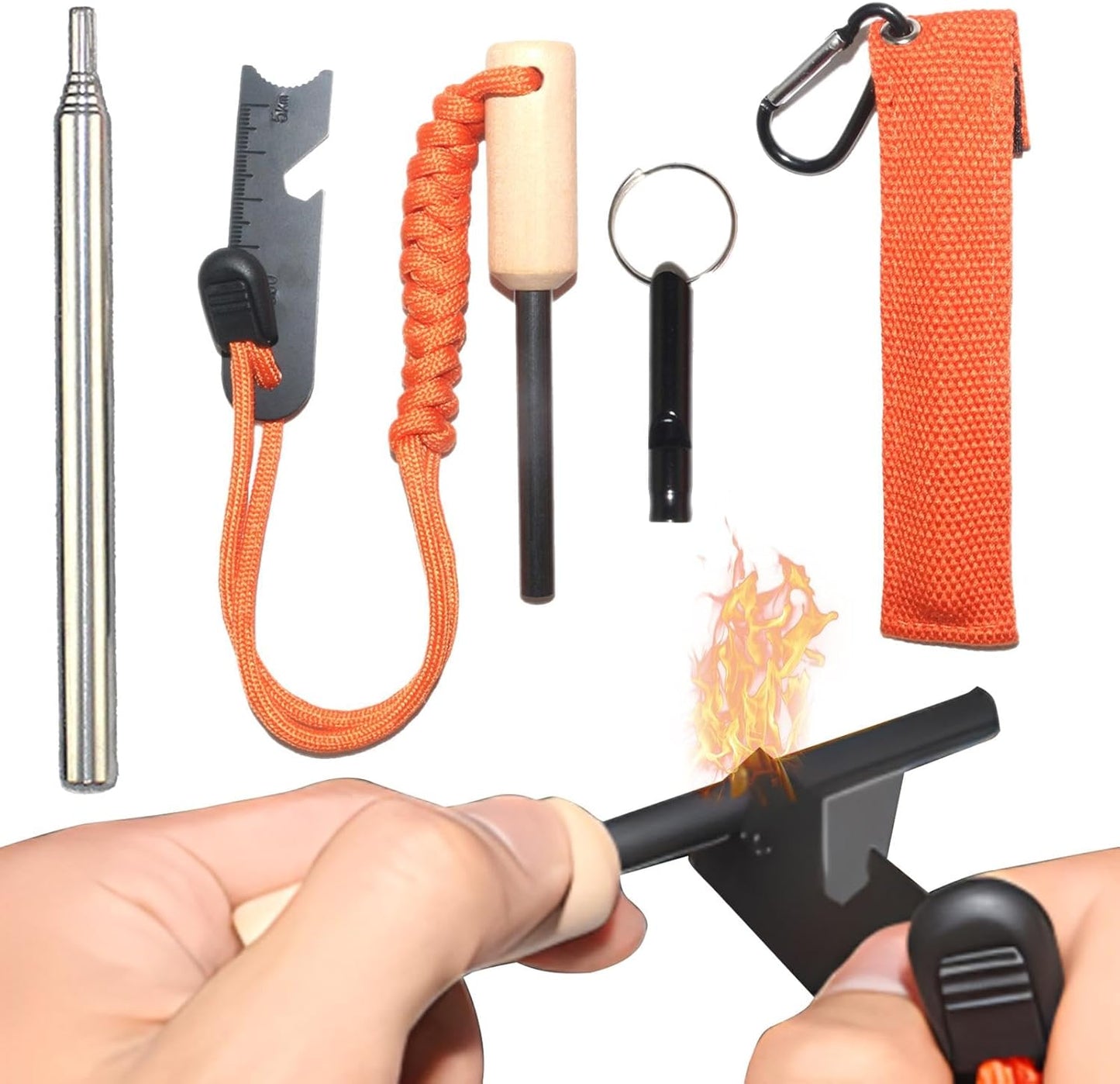 Hiking Tools Kit, Carabiner Clip, Fire Starter - Compact Camping Accessories, Multifunctional & Portable Survival Tools for Hiking, Backpacking