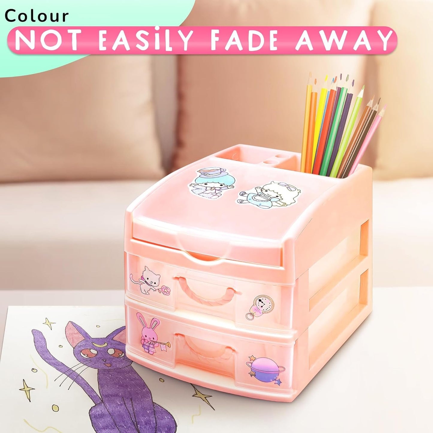 Desk Storage Organizer Pink Plastic Drawers - BURIUS San-X Desk Drawer Organizer Makeup Organizer Office Organization and Storage - Desk Accessories Aesthetic Tabletop Drawers Desktop Storage Drawer