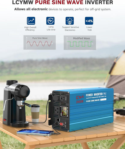 LCYMW 2000 Watt Inverter Pure Sine Wave DC 12V to 110V AC Power Inverters with 3 AC Charger Outlets, Car Inverter Solar Power Inverters for Vehicles Home with LCD Display and 2.4A USB Charging Ports