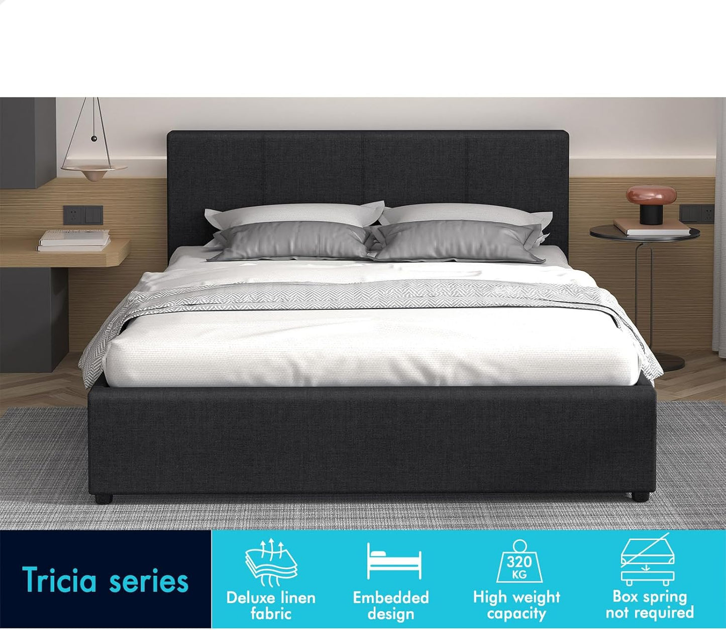 ALFORDSON Bed Frame with Gas Lift Storage Base Double Size, Bed Platform Foundation with Linen Fabric Upholstered Tufted Headboard for Mattress Topper, Tricia Fabric Charcoal
