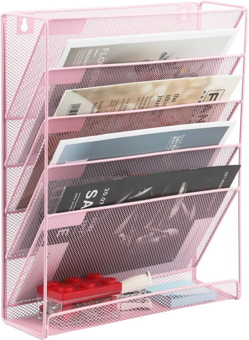 EASEPRES Desk File Organizer Mesh 6-Tier, Hanging Wall Mount Document Organization Stand, Desktop Vertical Mail Paper Folder Holder Rack with Bottom Tray for Office Home Cubicle Countertop, Pink