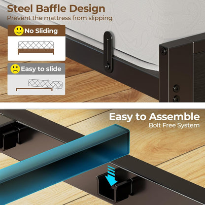 Rolanstar Bed Frame Twin Size with Charging Station and LED Lights, PU Leather Headboard with Storage Shelves, Heavy Duty Metal Slats, No Box Spring Needed, Single Bed, Easy Assembly, Black