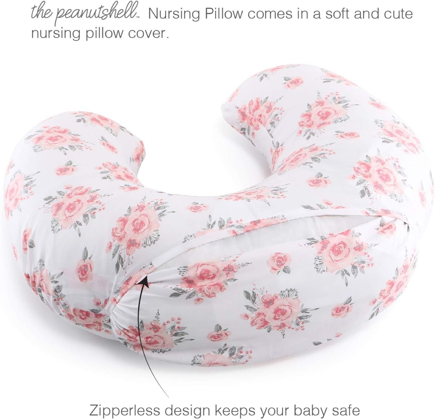 The Peanutshell Nursing Pillow & Cover - Soft Newborn Nursing Baby Girl Pillow Covers, Supportive & Comfortable Breastfeeding, Tummy Time Baby Essentials - Pink Floral