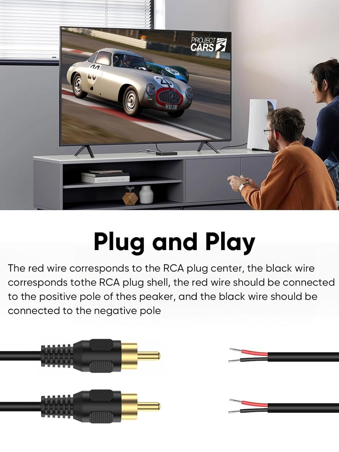 CableCreation RCA to Speaker Wire Adapter, 2 Bare Wire Cables to RCA Plug Adapter Repair Cord Compatible with Speaker Amplifier, Audio Video AV Receiver, TV, Subwoofer (2Pack 20AWG 3.3FT)