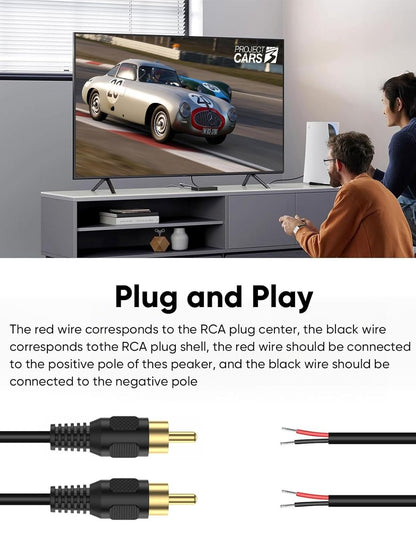 CableCreation RCA to Speaker Wire Adapter, 2 Bare Wire Cables to RCA Plug Adapter Repair Cord Compatible with Speaker Amplifier, Audio Video AV Receiver, TV, Subwoofer (2Pack 20AWG 3.3FT)