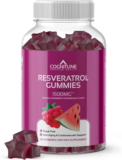 Resveratrol Gummies - Sugar Free Natural Raspberry Watermelon Flavor, 1500mg Resveratrol Supplement for Heart, Brain, Immune Support & Wellness, Powerful Antioxidant with Anti-Aging Benefits