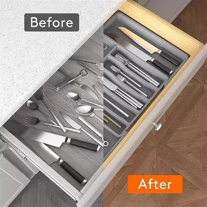 LMX Cutlery Drawer Organizer, Expandable Utensil Kitchen Drawer Organizer,BPA Free Adjustable Plastic Storage Box for Forks, Knives,Tools More (Grey, Large)