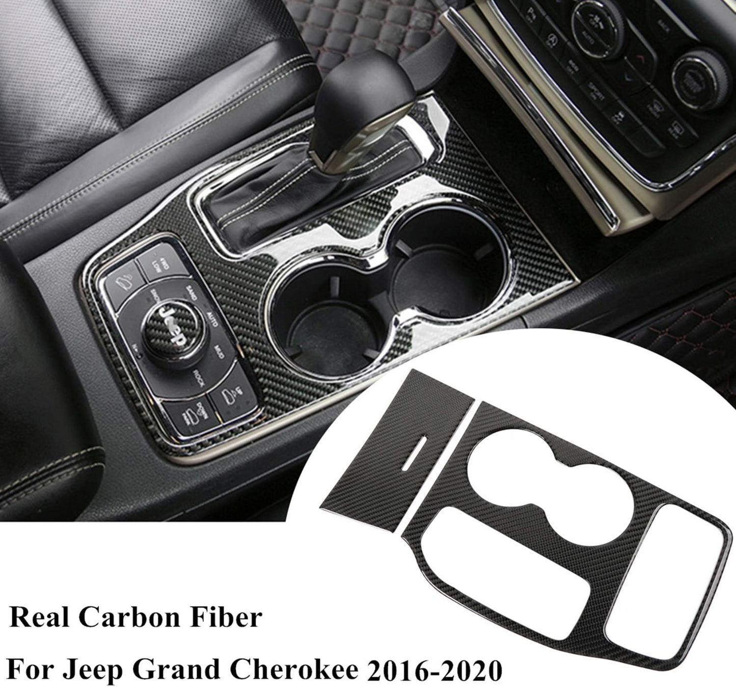 YOCTM For Jeep Grand Cherokee 2016 2017 2018 2019 2020 2021 Interior Accessories Gear Shift Cup Holder Cover Real Carbon Fiber Cup Holder Center Console Trim