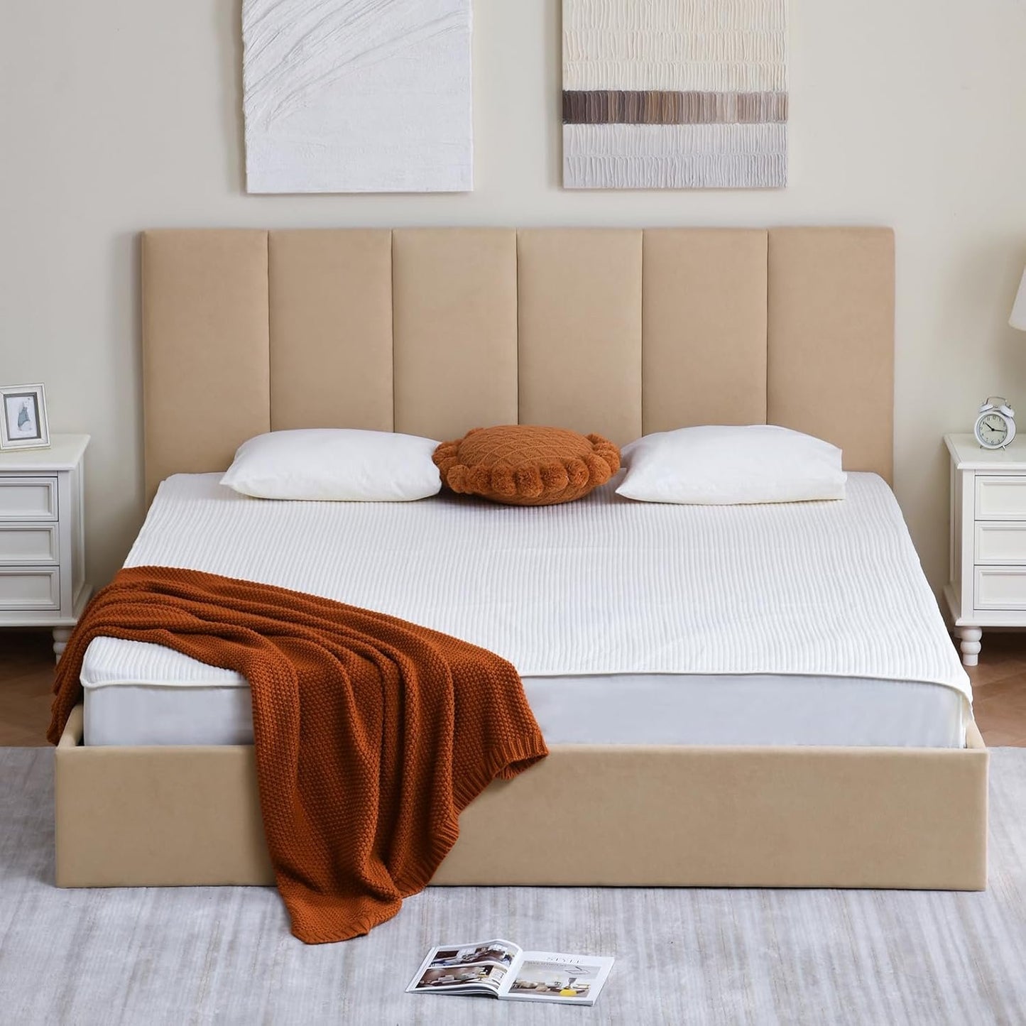VELOCAVA King Size Lift-Up Storage Bed, Hydraulic Linen Upholstered Bed Frame with Vertical Panel Headboard, Wooden Slat Support, No Box Spring Needed, Easy Assembly, Soft Bed, Beige