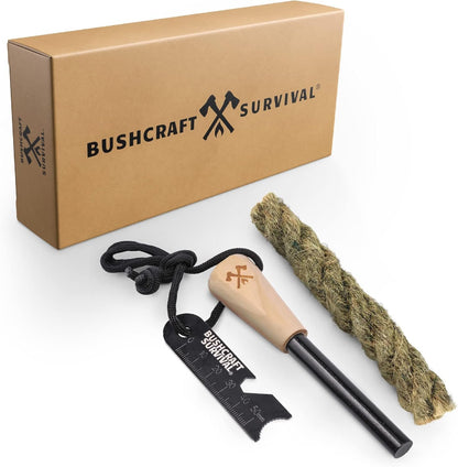 Bushcraft Survival Gear Ferro Rod Fire Starter | Flint and Steel Campfire Starter Kit w/Tinder Rope | Waterproof Magnesium Firestarter Tool for Camping and Backpacking