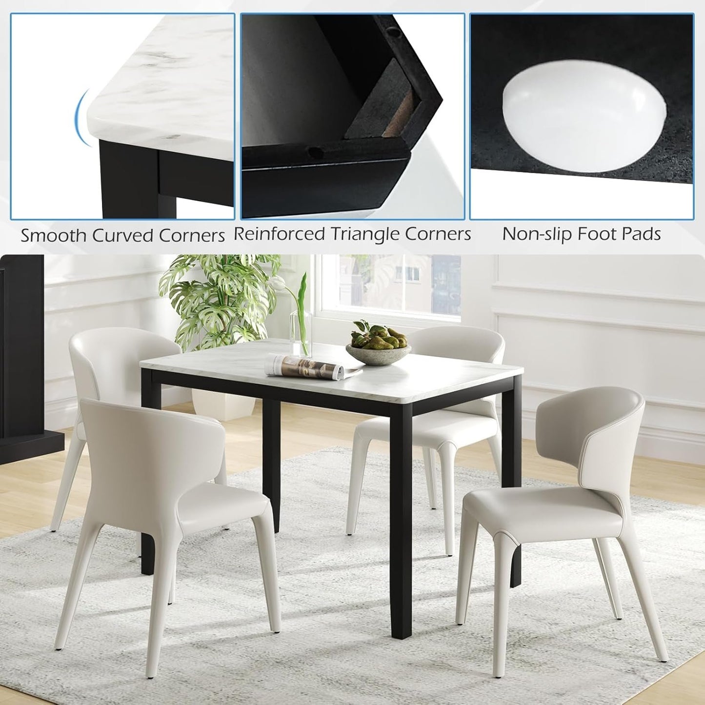 Giantex Dining Table for 4 People, 45" Rectangular Mid Century Kitchen Table with Faux Marble Tabletop, Rubber Wood Legs, Dinner Table, Large Dinette Table for Dining Room, Living Room, Restaurant