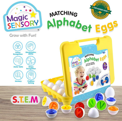 Magic Sensory Alphabet Eggs â€“ 26 Plastic Colourful Matching Egg Toy Set for Kids â€“ Montessori Sensory Learning Activity, Learn Aâ€“Z Letters and Colours â€“ Educational Toy for Toddlers Ages 1â€“3