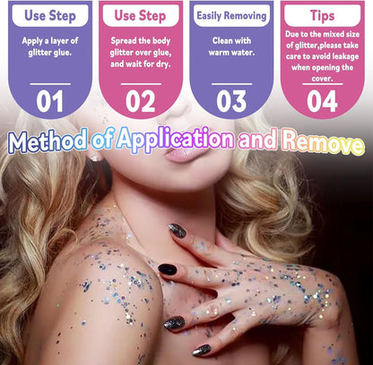 Laza Body Glitter, 2 Jars Holographic Chunky Sequins with Glitter Glue for Women Girls Eyeshadow Makeup Face Paint Festival Rave Outfits Hair Concert Accessories Carnival Party Costumes - Pink