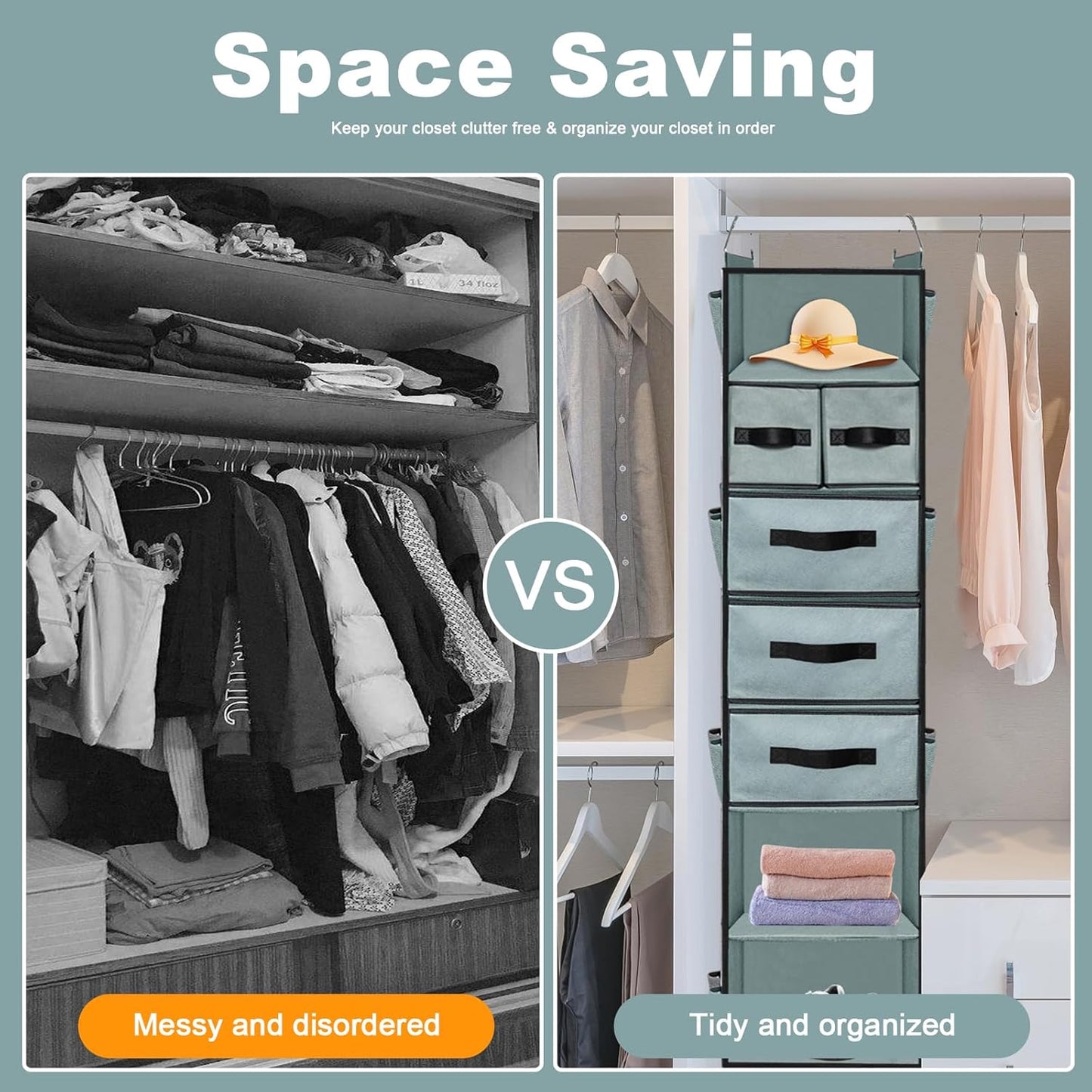 VERONLY 7-Shelf Hanging Closet Organizer with 5 Different Drawers, Hanging Closet Shelves Storage and 8 Mesh Pockets, Closet Organization and Storage for Wardrobe, Underwear, Livingroom, Dorm (Grey)