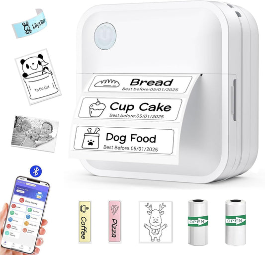 Label Maker Machine with Tape - Mini Sticker Printer Bluetooth Label Printer for Home Office Organization, Portable Thermal Sticker Maker Print Pod with Multiple Templates for Phone(White)