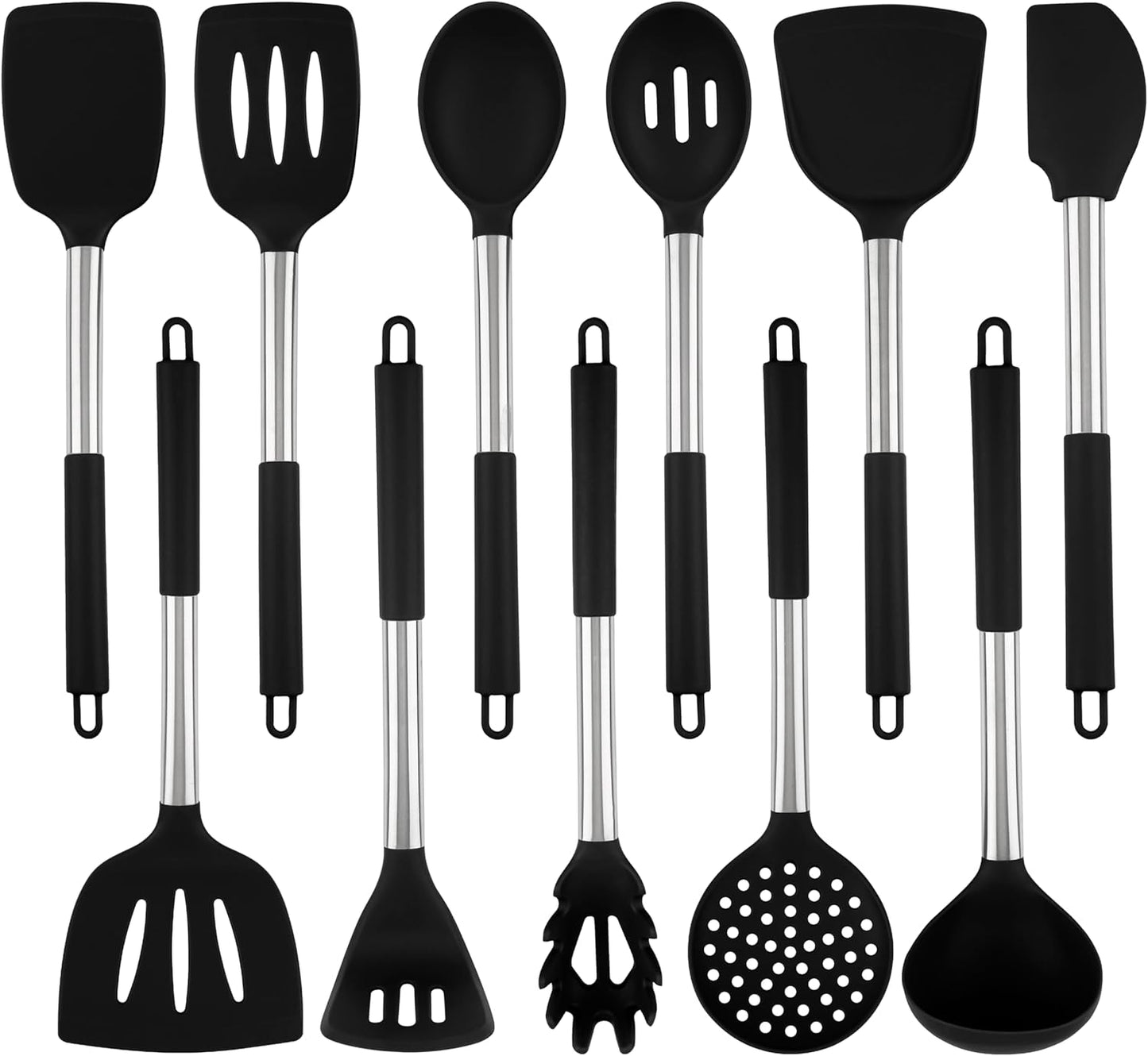 TONGMARU 11 PCS Silicone Kitchen Cooking Utensils Set with Stainless Steel Handle, Spatula Set, Cooking Utensil Set, Kitchen Tools Gadgets for Nonstick Cookware, BPA FREE, 446°F Resistant (Black)