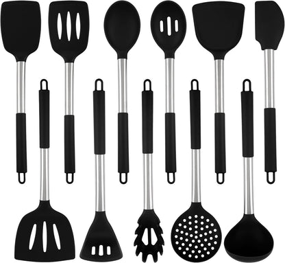 TONGMARU 11 PCS Silicone Kitchen Cooking Utensils Set with Stainless Steel Handle, Spatula Set, Cooking Utensil Set, Kitchen Tools Gadgets for Nonstick Cookware, BPA FREE, 446°F Resistant (Black)