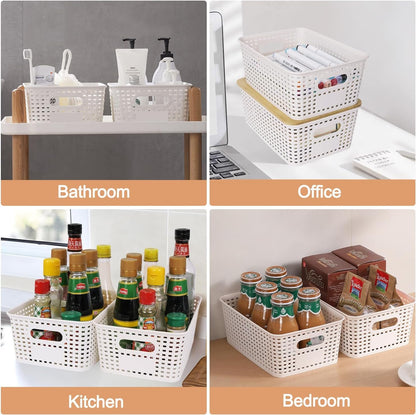 UHAPEER 6 PCS Storage Bins with Bamboo Lids Plastic Baskets Plastic Storage Containers for Organizing Stackable Storage Box with Handle for Shelves Drawers Desktop Closet Classroom Officeï¼ˆWhiteï¼‰