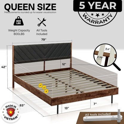 Acacia Astoria Solid Wood Upholstered Bed Frame, King Platform Bed Frame with Headboard, Elegant Design, Durable Construction for Luxurious Comfort, Walnut