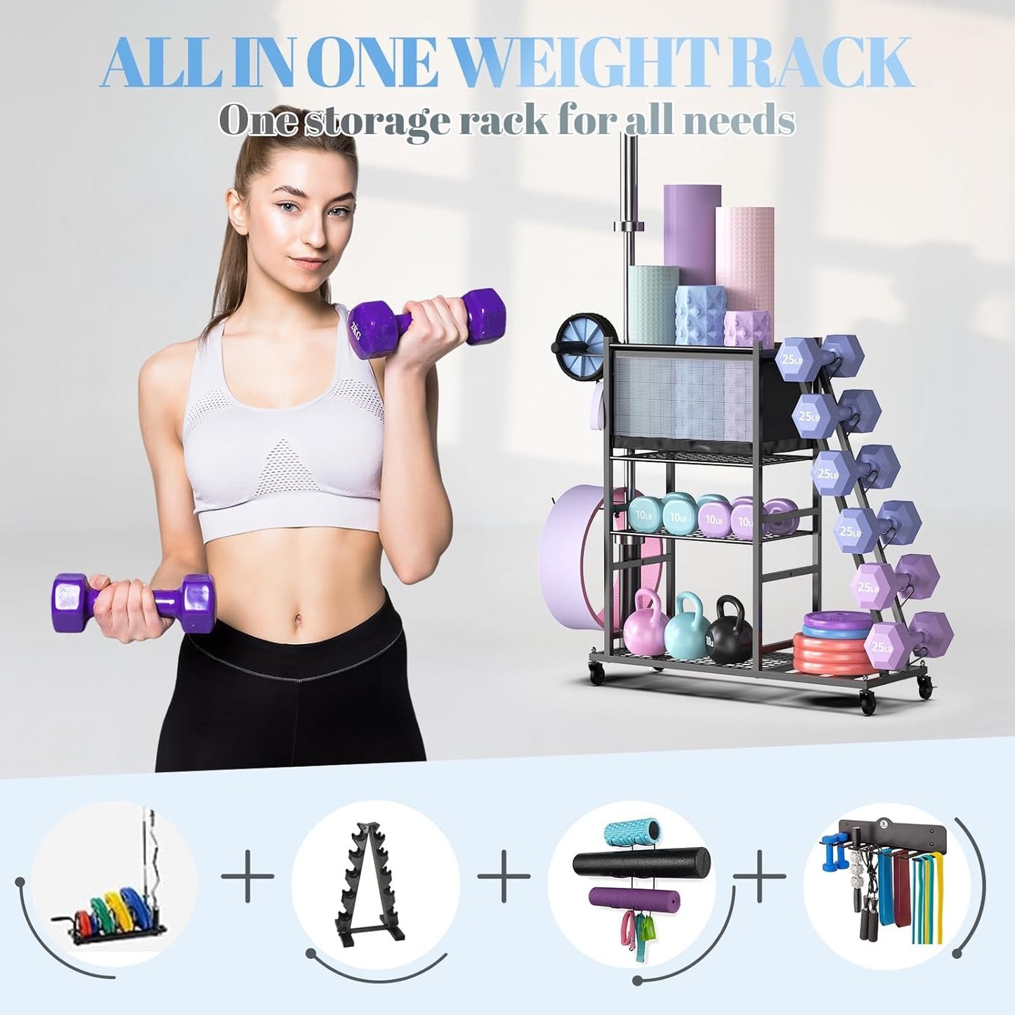PLKOW Dumbbell Rack Stand, Home Gym Storage Rack, Weight Racks for Dumbbells, Kettlebells, Barbells,Yoga Mat,Yoga Strap, Home Gym Organizer, Workout Equipment Storage Organizer with Hooks and Wheels