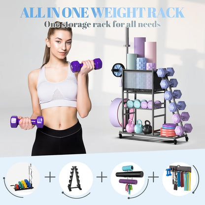 PLKOW Dumbbell Rack Stand, Home Gym Storage Rack, Weight Racks for Dumbbells, Kettlebells, Barbells,Yoga Mat,Yoga Strap, Home Gym Organizer, Workout Equipment Storage Organizer with Hooks and Wheels