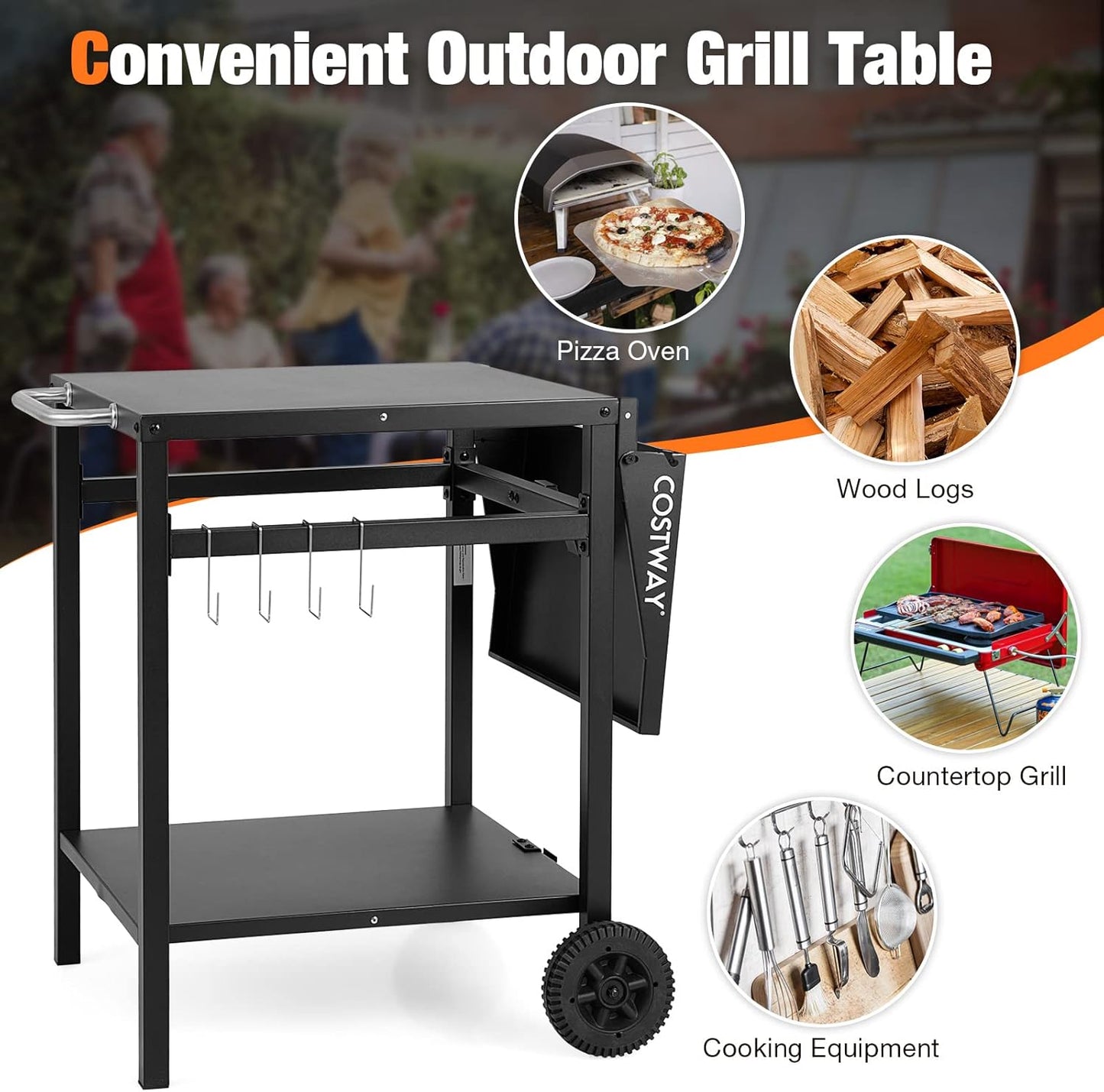 Costway Movable Dining Cart Table, Double-Shelf Trolley with Folding Tabletop, 4 Extra Hooks & 2 Directional Wheels, Outdoor Prep Cart for Pizza Oven & BBQ Grill, Worktable for Backyard, Patio, Garden