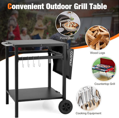 Costway Movable Dining Cart Table, Double-Shelf Trolley with Folding Tabletop, 4 Extra Hooks & 2 Directional Wheels, Outdoor Prep Cart for Pizza Oven & BBQ Grill, Worktable for Backyard, Patio, Garden