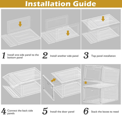 Thicken & Sturdy Clear Shoe Storage Organizer with Magnetic Door, Stackable Boxes for Closet, Foldable Space-Saving Shoe Rack for Sneaker Boot Container, Plastic Shoe Cabinet Shoe Box 6 Pack, White