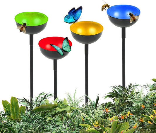 Bee Feeder Stakes - 4 Pack Bee Bathing Station | Rustproof Metal Stake Feeder, Watering Bath Bowl, Pollinator Feeding Tool for Outside Use