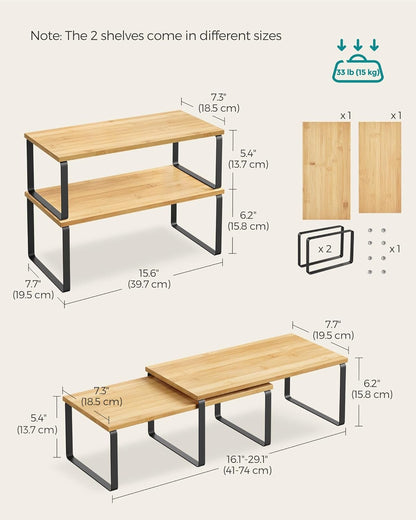 SONGMICS Cabinet Organizer Shelf, Set of 4 Kitchen Counter Shelves, Kitchen Storage, Spice Rack, Stackable, Expandable, Metal and Engineered Wood, Ink Black and Natural Beige UKCS210B01