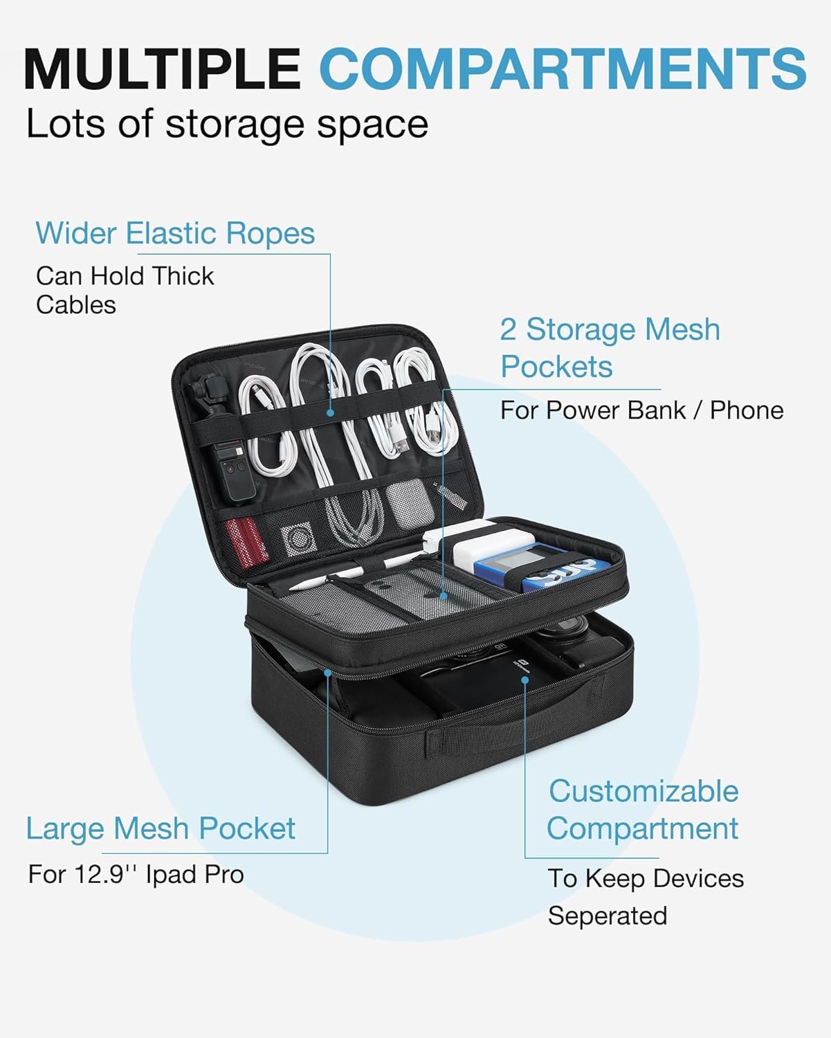 Bagsmart Electronic Organizer, Large Double Layer Cable Bag, Travel Organizer Bag, Electronics Accessories Storage Cases for iPad,Cables, Chargers, Hard Drive, Game Cards
