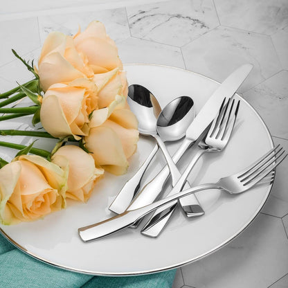 Kate 65-Piece Silverware Set with Utensil-Serving Set, Service for 12, Stainless Steel Flatware Set, Mirror Polished Cutlery Set, Dishwasher Safe