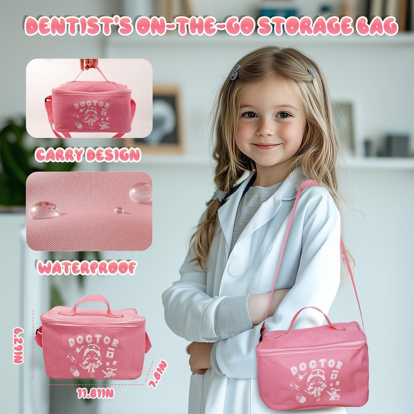 Toy Doctor Kit for Toddlers, Kids Dentist Play Set with Dentist Chair, Doll Toy, Stethoscope, Large Carrying Storage Bag, Dental Accessories, Pretend Doctor Play Medical Gift Kit for Girls Pink