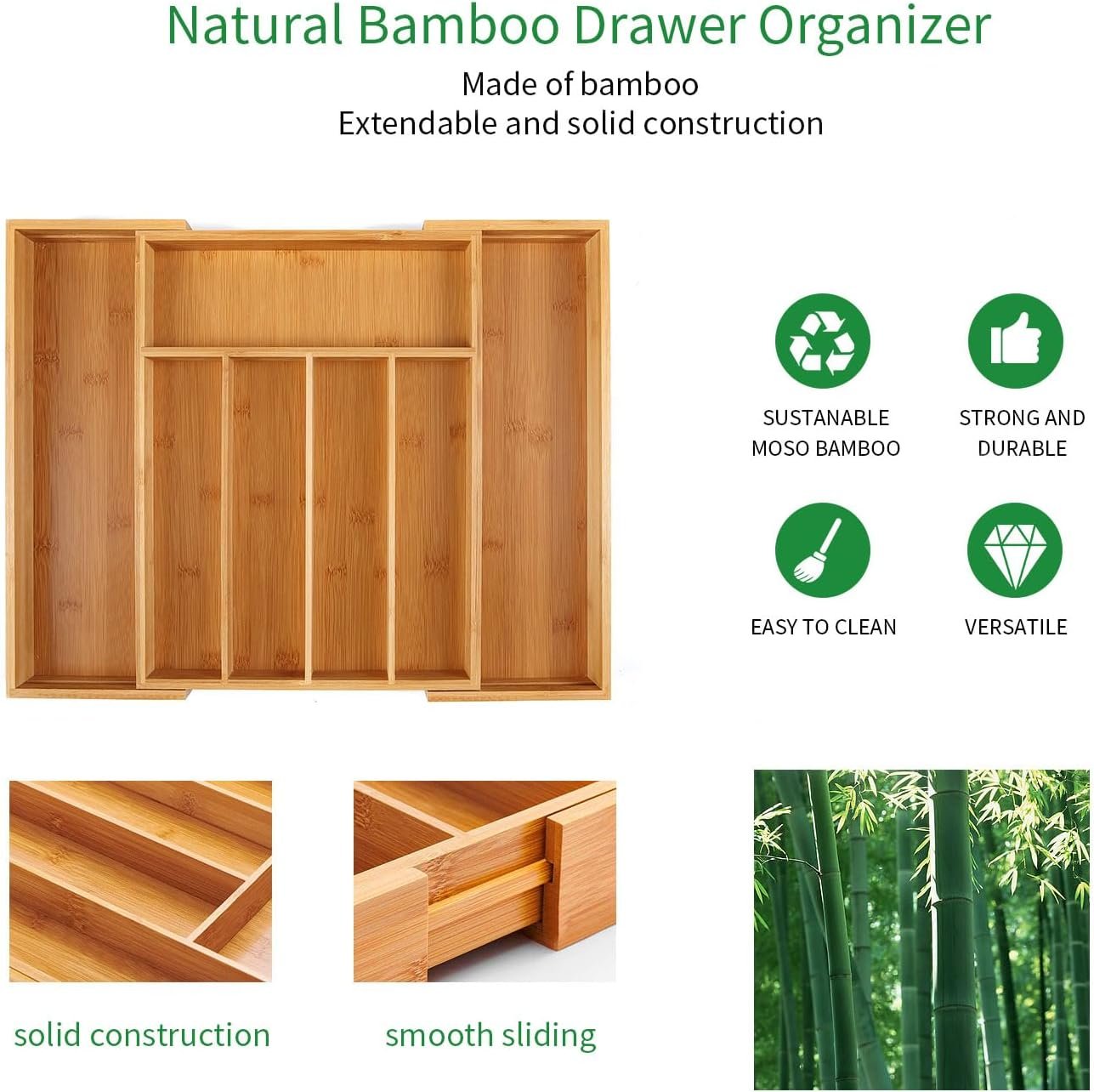 SafeHouseware Bamboo Expandable Cutlery Organizer Tray: Holds Silverware, Flatware, Utensils, Cutlery, Accessories or Gadgets Size:11.5" - 18" W X 15"d X 2" H