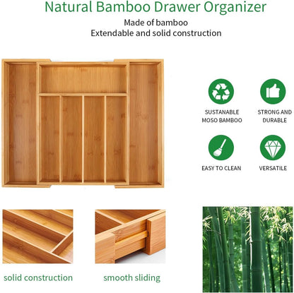 SafeHouseware Bamboo Expandable Cutlery Organizer Tray: Holds Silverware, Flatware, Utensils, Cutlery, Accessories or Gadgets Size:11.5" - 18" W X 15"d X 2" H