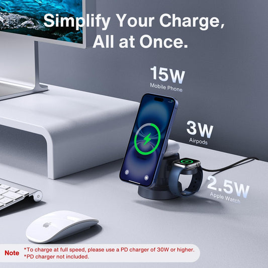 iVANKY for iPhone 16 Pro Max 4 in 1 Wireless Charging Station Cube with Night-Lamp for MagSafe Magnetic Charger, 22.5 W Travel Stand, 3 in 1 Fast Charge for Apple iWatch Ultra, Airpods（Midnight Blue）