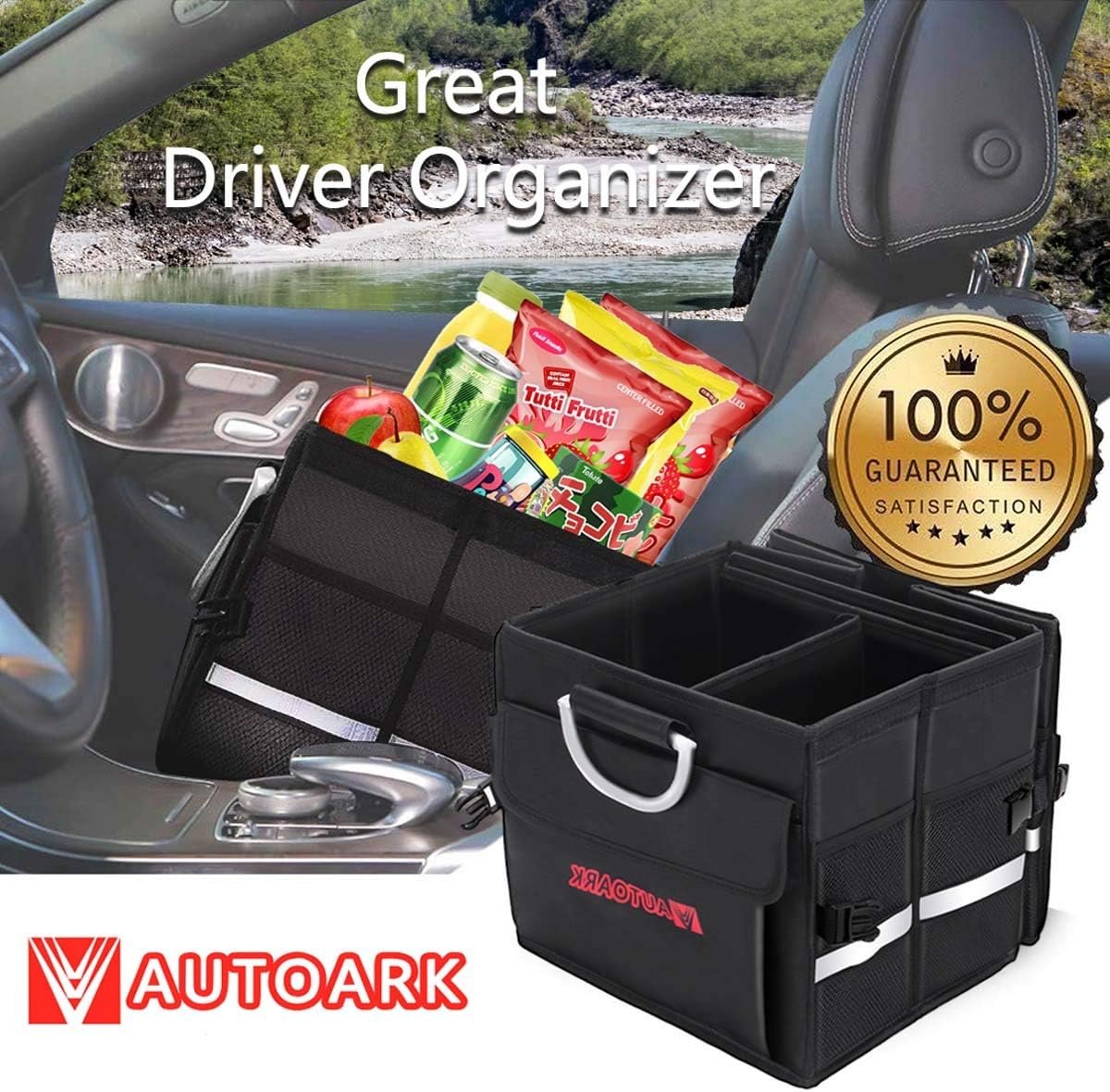 Autoark Multipurpose Car SUV Trunk Organizer with Cover and Straps,Durable Collapsible Adjustable Compartments Cargo Storage,AK-132