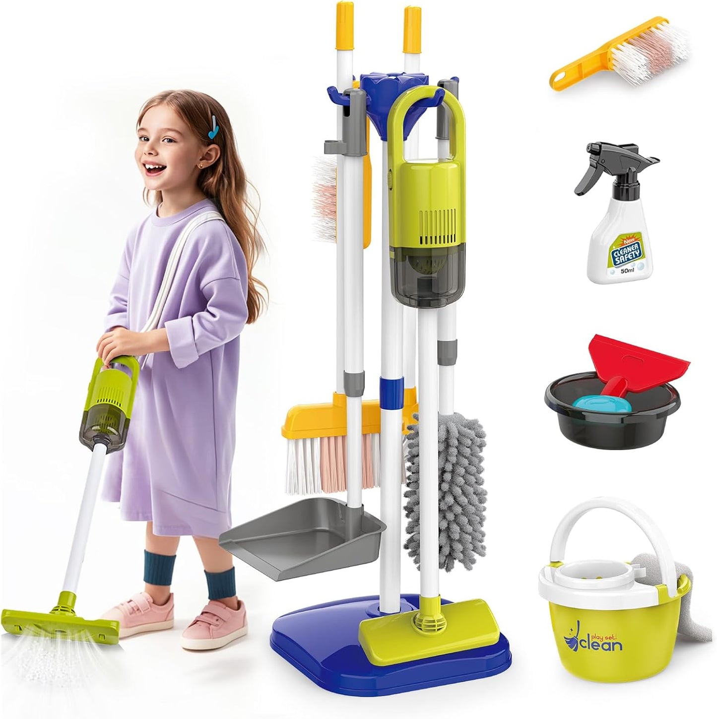Kids Cleaning Set14 Piece -Toddler Cleaning Toy Set Includes Real Working Vacuum Cleaner, Broom, Mop, Brush, Spray, Preschool Educational Pretend Play Cleaning Kit for Toddler (Blue)