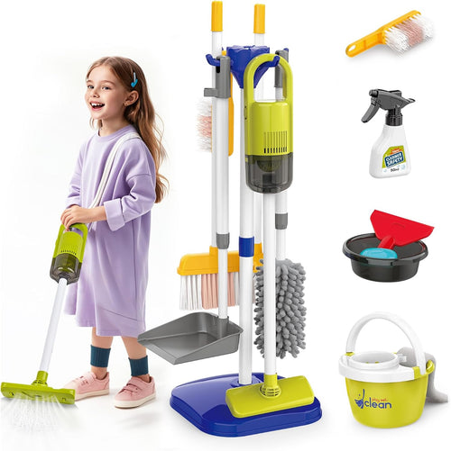 Kids Cleaning Set14 Piece -Toddler Cleaning Toy Set Includes Real Working Vacuum Cleaner, Broom, Mop, Brush, Spray, Preschool Educational Pretend Play Cleaning Kit for Toddler (Blue)