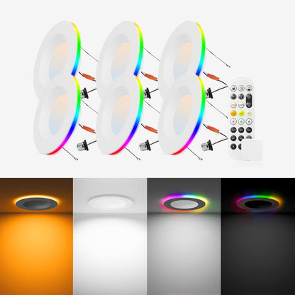 6 Pack Smart LED Recessed Lighting 6 Inch Retrofit with RGB Back Light, 12W 2700K-6000K Color Changing Retrofit Recessed Lights with Remote, Work with Google Assistant/Siri, Hub INCL