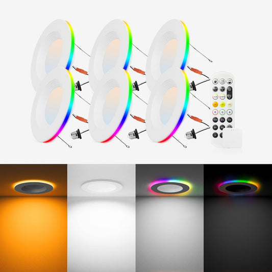 6 Pack Smart LED Recessed Lighting 6 Inch Retrofit with RGB Back Light, 12W 2700K-6000K Color Changing Retrofit Recessed Lights with Remote, Work with Google Assistant/Siri, Hub INCL
