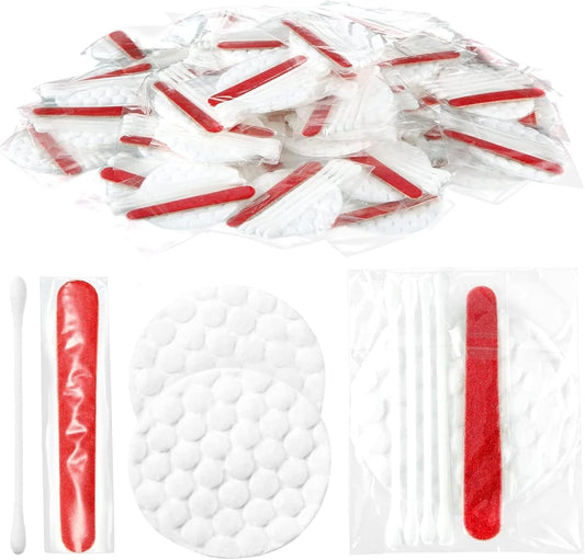 100Pcs Travel Cleaning Kit for Hotels Individually Wrapped Hotel Amenities Bulk, Disposable Hygiene Kit with Cotton Pads, Cotton Swabs, Nail File for Hotels Makeup Toiletries