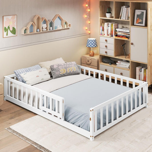 GORELAX Full Floor Bed, Montessori Floor Bed, Floor Kid Beds with Fence & Door, No Box Spring Needed, Wood Full Size Platform Bed Frame for Boys, Girls (White)