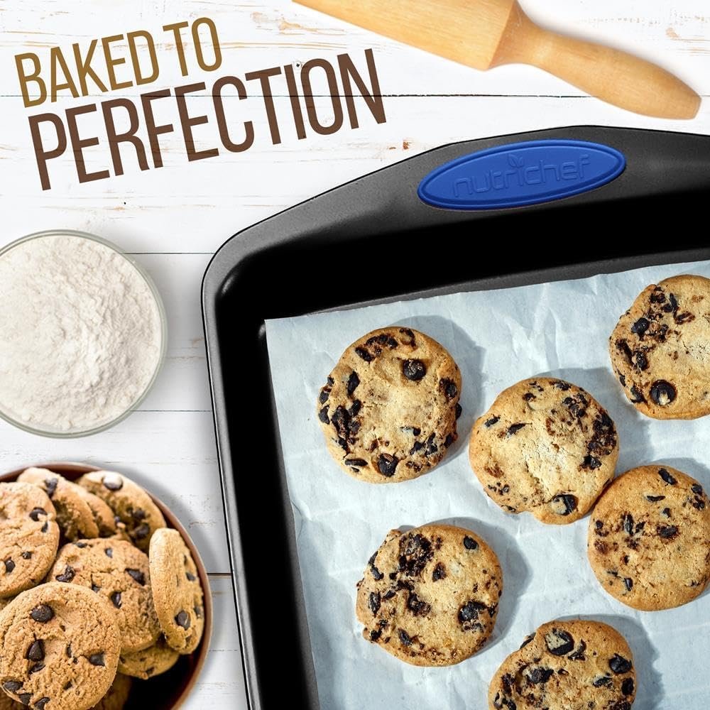 NutriChef Bakeware Set 15-Piece - Nonstick Carbon Steel W/Blue Silicone Handles, Includes 2 Round Pans, 2 Cookie Sheets, 2 Muffin Pans, 2 Loaf Pans, Square Pan, Roaster Pan w/Lid, Nylon Utensils, Gray