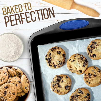 NutriChef Bakeware Set 15-Piece - Nonstick Carbon Steel W/Blue Silicone Handles, Includes 2 Round Pans, 2 Cookie Sheets, 2 Muffin Pans, 2 Loaf Pans, Square Pan, Roaster Pan w/Lid, Nylon Utensils, Gray