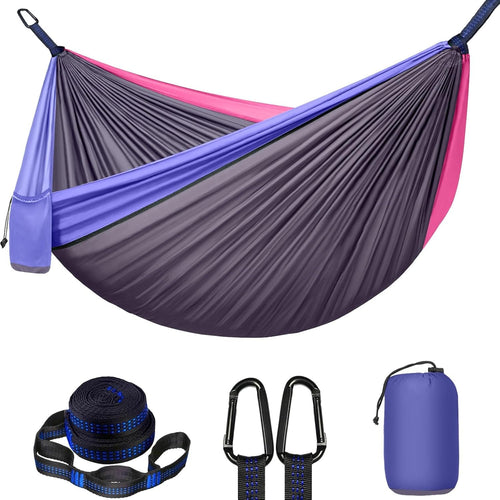 Double Camping Hammock, Two Person Hammocks with 2 Tree Straps(16+2 Loops), Portable Lightweight Hammock with 210T Nylon Parachute for Backpacking, Outdoor, Beach, Travel, Hiking, Gear - Red Gray